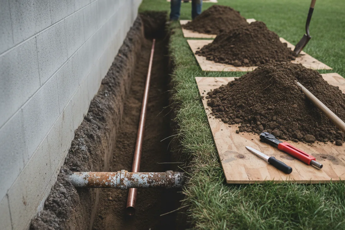Excavated water line trench during Sewer Line Repair in Unionville